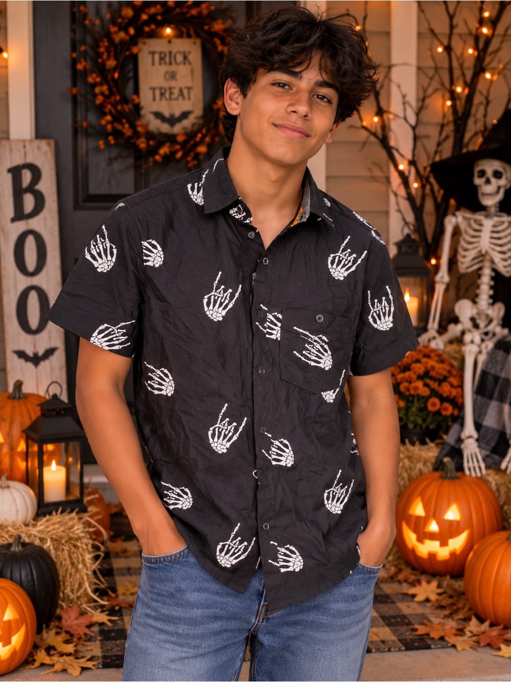 Free Planet Black Short Sleeve Button-Up Shirt with White Skeleton Hand Print